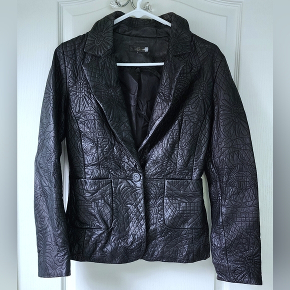 Wilson Leather Floral Embossed Authentic Black Jacket Coat Blazer XS Womens - Picture 1 of 9